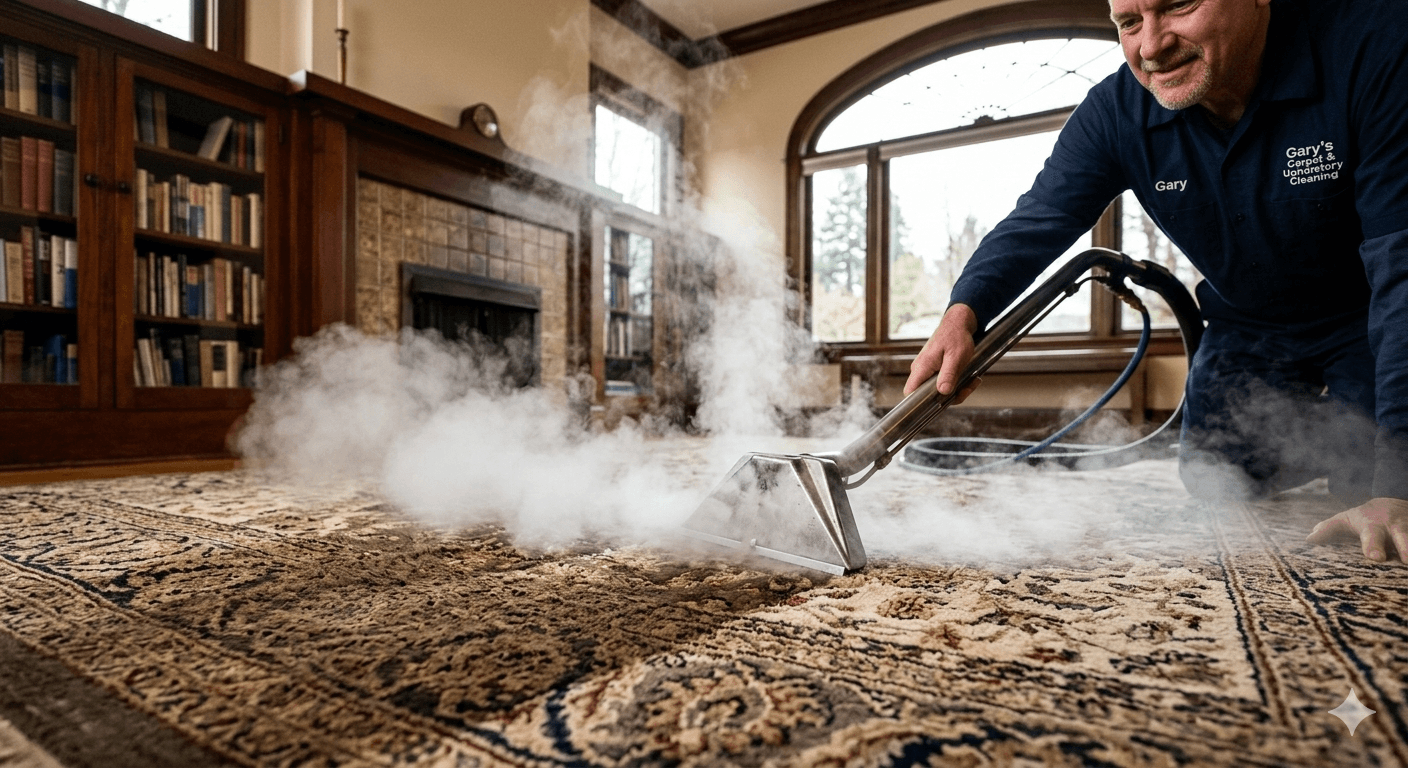 Close-up of Gary, owner-operator of Gary's Carpet & Upholstery Cleaning, performing deep steam extraction on a historic Tacoma area rug.