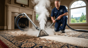 Professional truck-mounted steam cleaning of a high-value area rug in a Puyallup home near the historic Meeker Mansion, performed by owner-operator Gary.